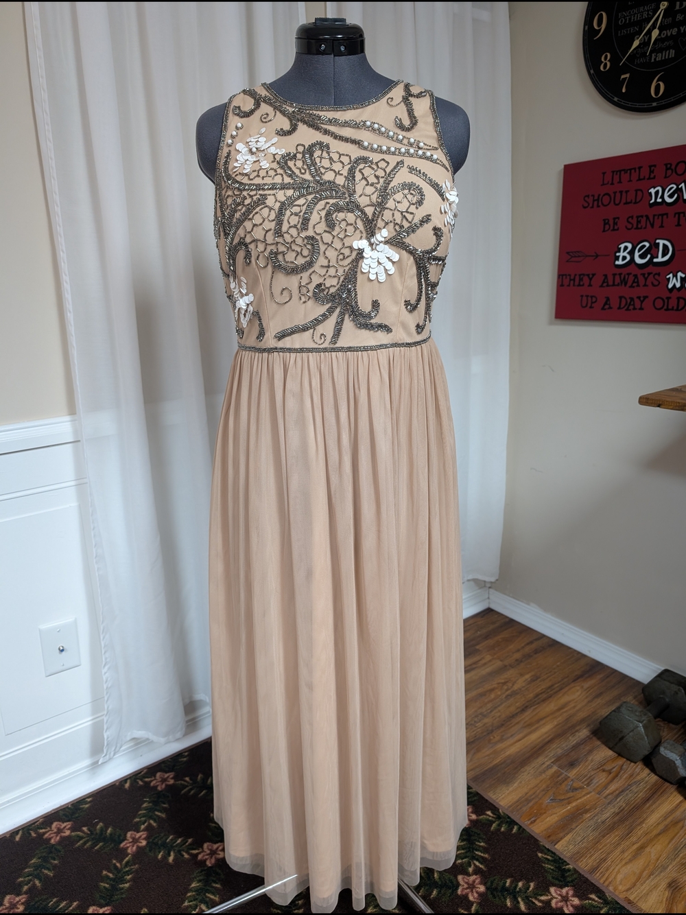 Gianni Bini Nude-Beige Maxi Dress with Dark Beaded Embroidery